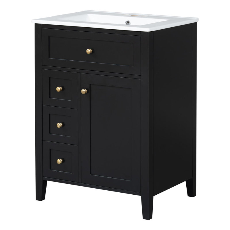Meuble-lavabo 24 po avec lavabo, 4 tiroirs, 1 porte et tablette réglable, Noir, 24, Ensemble central de 4 po