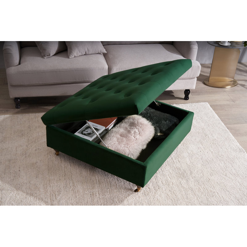 Agoura 93cm Wide Velvet Tufted Square Ottoman with Storage, Green