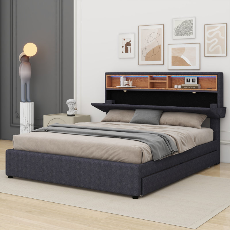 Lit plateforme tapissier double avec tête de lit Eberhart, Grand, Gris foncé