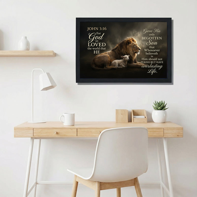 Tableau mural sur toile représentant un lion et un agneau avec le verset biblique Jean 3:16, H 16 po x l 24 po