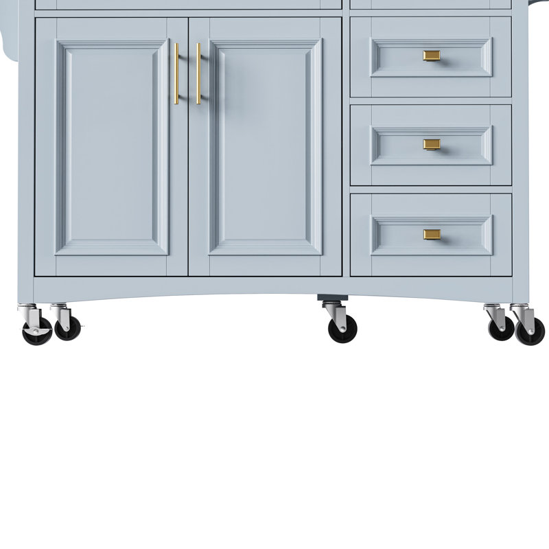 Blue Grey 52'' Drop Leaf Kitchen Island. Plentiful Storage With 2 Doors, 5 Drawers, Towel And Spice . Adjustable Shelf. Mobile Lockable Wheels. Strong Oak Veneer. Classic Elegance Island Leaf.