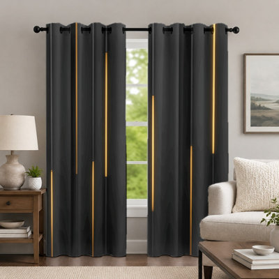 2Pcs Black and Gold Vertical Striped Curtains, Minimalist Style Curtain, Geometric Linear Pattern Printed Art Grommet Drapes, Window Treatment for Bedroom Living Room Decor