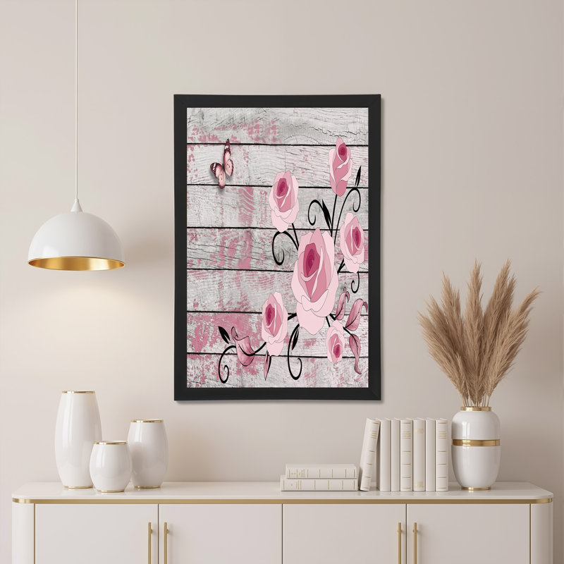 «Pink Roses and Butterfly» sur des planches de bois vieillies, art mural sur toile, 16"H x 24"W