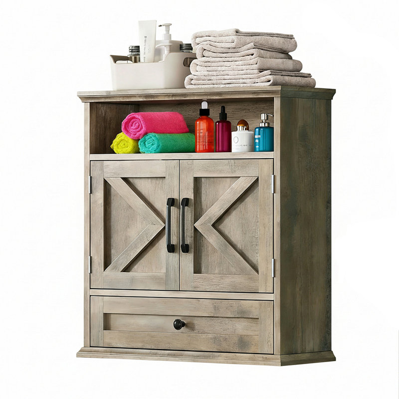 Bathroom Wall Cabinet, Wall Mounted Medicine Cabinet With Drawer, Barn Door & Adjustable Shelf,  Over Toilet Farmhouse Storage Cabinet For Kitchen, Laundry, Entryway