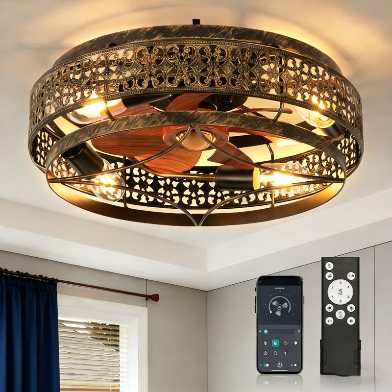 Farmhous Caged Ceiling Fans with Lights Kit and Remote Control, Low Profile Flush Mount for Bedroom,Kitchen,Living Room,Dining Room