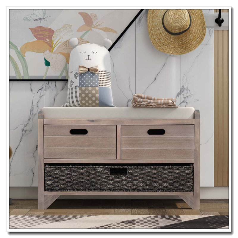 Banc de rangement entièrement assemblé avec panier amovible, 2 tiroirs et siège rembourré, Naturel
