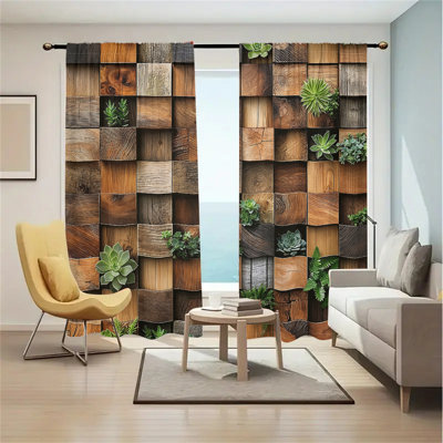2Pcs Wooden Block Mosaic Design with Succulent Plants Pattern Window Curtains Nature Inspired Room Divider Wood Texture Decorative Drapes for Living Bedroom Kitchen Home Decor Light Filtering Rod Pocket