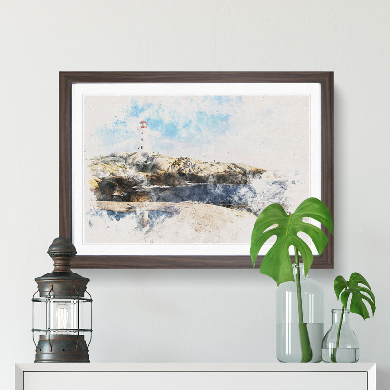 Lighthouse & Seascape in Canada - Picture Frame Painting Print, 36cm H x 48cm W x 2cm D, Walnut Framed