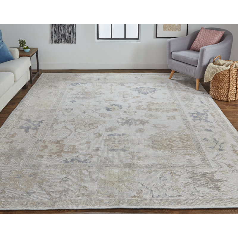 Tapis floral argenté noué à la main Ouimet, Rectangle 2 pi x 3 pi