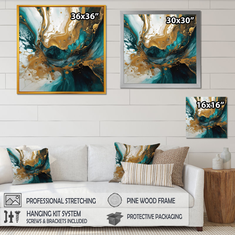 Turquoise et or sculptant l'espace - Art abstrait sur toile géométrique, H 16 po x l 16 po x P 1 po, Encadrement doré