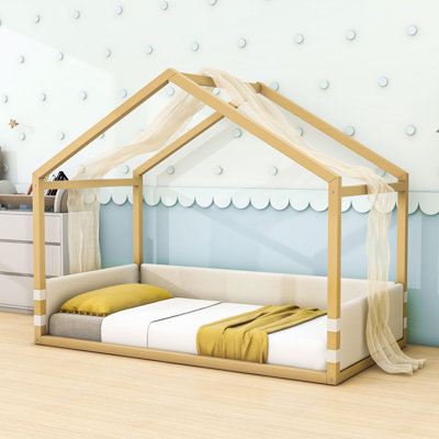 Twin Canopy Bed with Upholstered Velvet Side Panels and Breathable Gauze Canopy