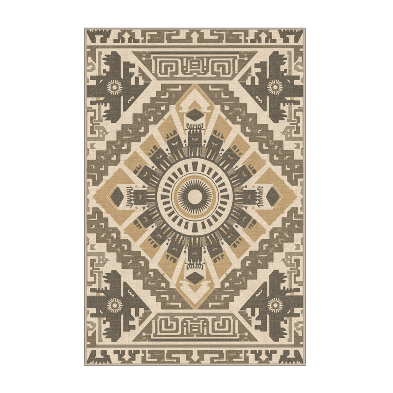 Machine Washable Roslindale Global Inspired Block Print Rug in Gray – Beige Binding, 3x5