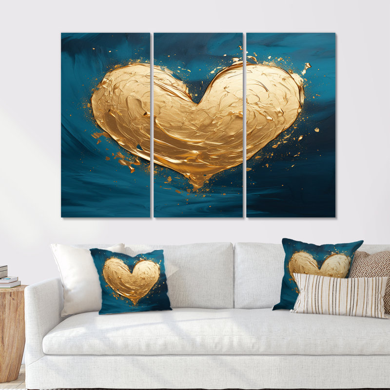 Cœur doré brillant bleu sarcelle foncé - ensemble d'art mural imprimé abstrait, Toile tendue, H 40 po x l 60 po x P 1 po