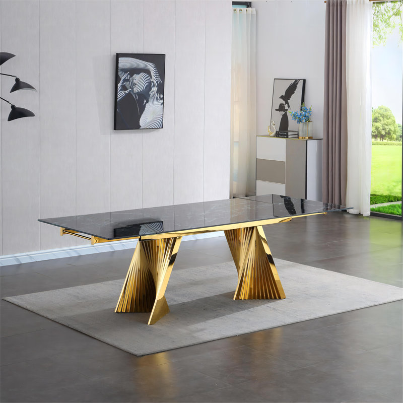 Moorehead Rectangular Glass Dining Table for 6-8 People Luxury Gold Kitchen Dining Room Table,63'' L x 35.4'' W, Black, Gold
