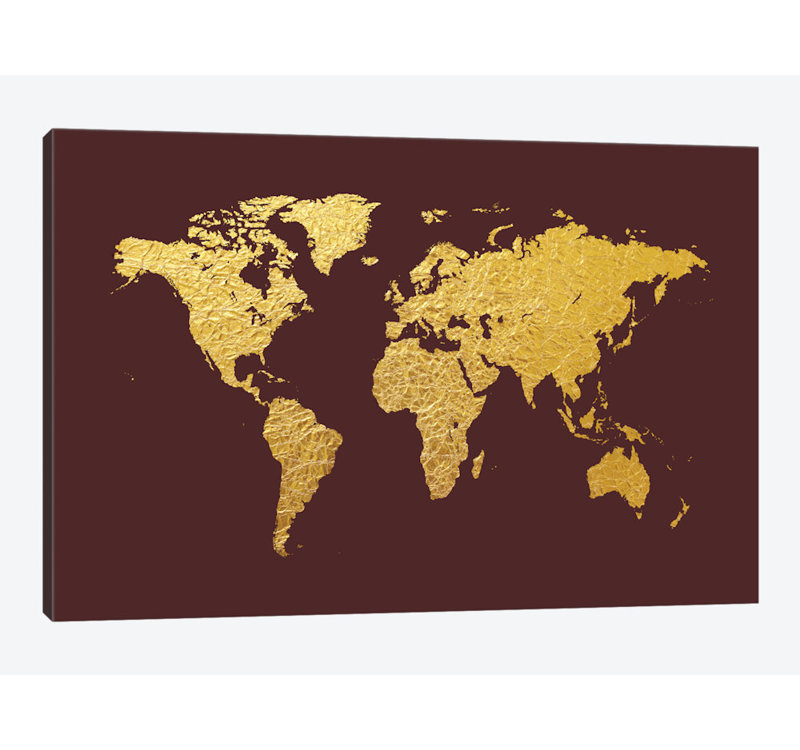 Carte du monde : feuille d’or sur toile tendue, impression sur toile tendue cordovan, H 26 po x l 40 po x P 1,5 po