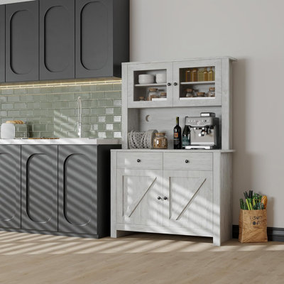 Armoire de cuisine avec tablette à micro-ondes, porte vitrée, tiroir, tablettes réglables, gris