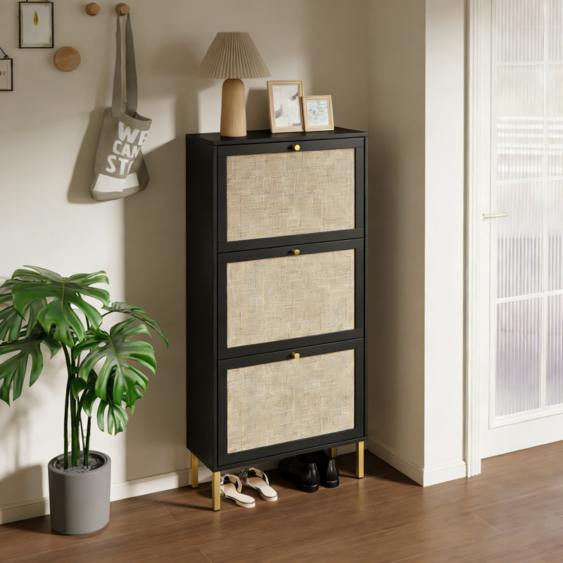 Étagère à chaussures en rotin 3 portes, armoire de rangement pour chaussures moderne autoportante, Noir / doré