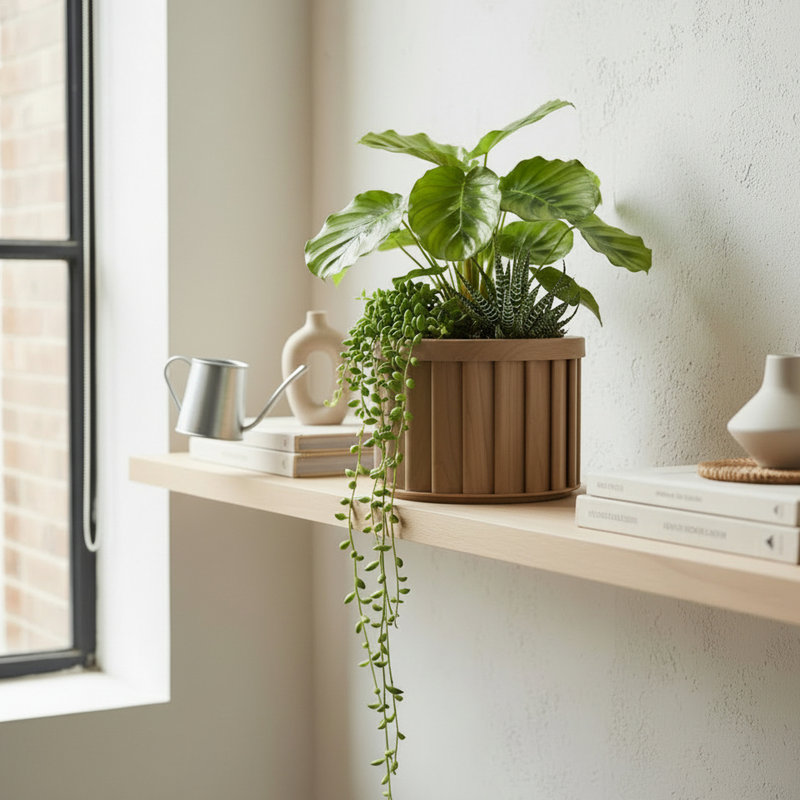Pot à fleurs rond brun moyen en aluminium, avec drainage prédécoupé pour l'évacuation de l'eau, finition de ton de bois moderne et plateau interne à conserver, profondeur / largeur de 8,5 po, hauteur de 6,37 po, 2,97 lb