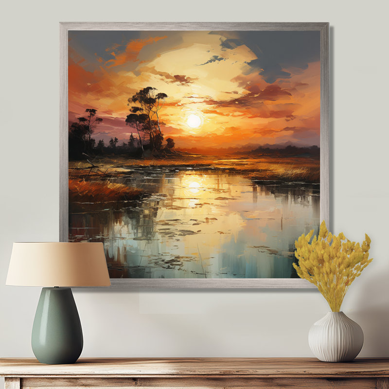 By The Lake Sunrise Reflections 1 - Lake, art mural, H 16 po x l 16 po x P 1 po, Cadre photo argenté