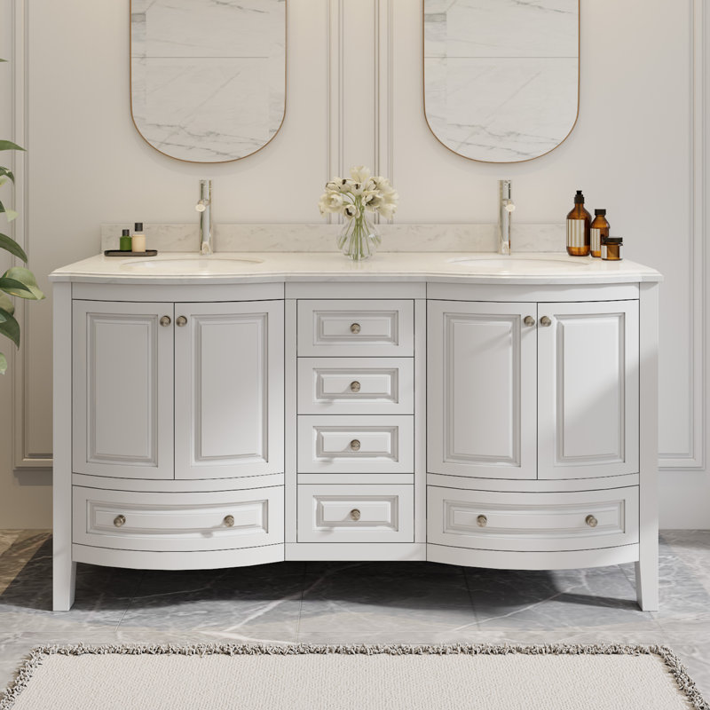 Mandilyn 60" Fully Assembled Double Sink Bathroom Vanity with Engineered Stone Top, Ceramic Sink, Hand Paint, White