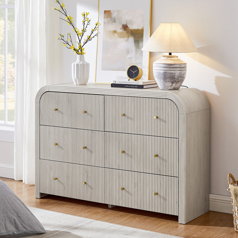 Commode cannelée 54 po à 6 tiroirs avec profil courbé épaissi 54 po, Aulne blanc