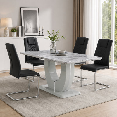 Kimara 5-Piece Modern 63" Rectangular Faux Marble Pedestal Dining Set
