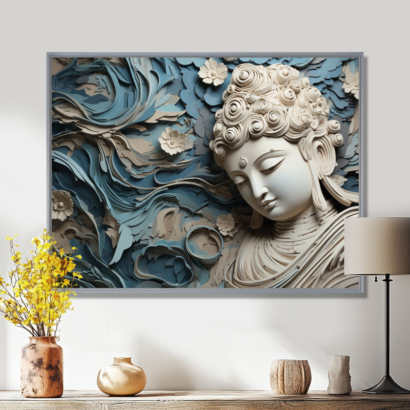 Statue religieuse bouddhisme I - décoration murale bouddhisme, H 16 po x l 32 po x P 1 po, Encadrement argenté