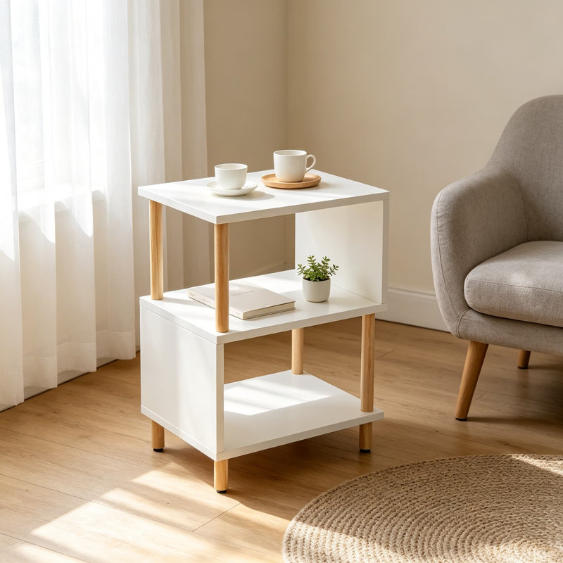 Table d'appoint Mid-Century moderne pour chambre à coucher, petite table de bout avec tablette de rangement ouverte, White
