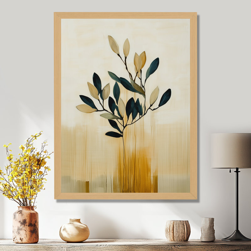 Murmures d'olivier en anthracite III - Tableau botanique vert neutre encadré, 32" H x 24" W, Cadre naturel