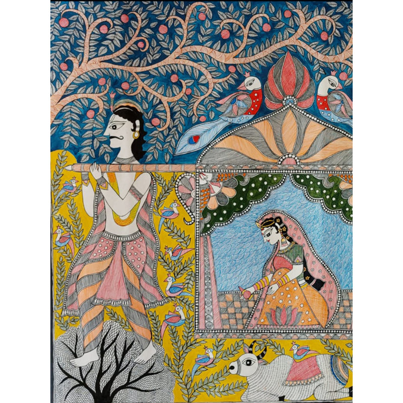 «Doli Vidai Madhubani», peinture acrylique sur papier faite à la main par Lalita Ray - H 22 po x l 30 po, décoration murale d'art populaire indien pour les mariages