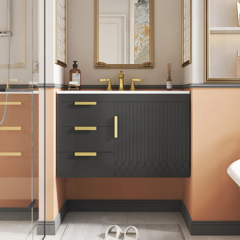 Armoire de salle de bain murale 30 "avec lavabo en céramique, Noir