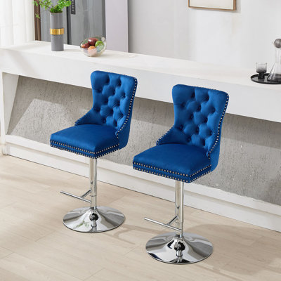 Thick Chrome Swivel Velvet Barstools,Adjustable 25-33"Height,Modern Upholstered With17.7" Base,Tufted Buttons&Diamond Pleating,Sponge&Spring Seat,For Home Pub&Kitchen Island(Blue, Set Of 2)