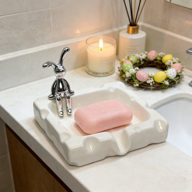  Moule à savon en forme de lapin de Pâques avec bols à savon en forme de lapin pour salle de bain, White