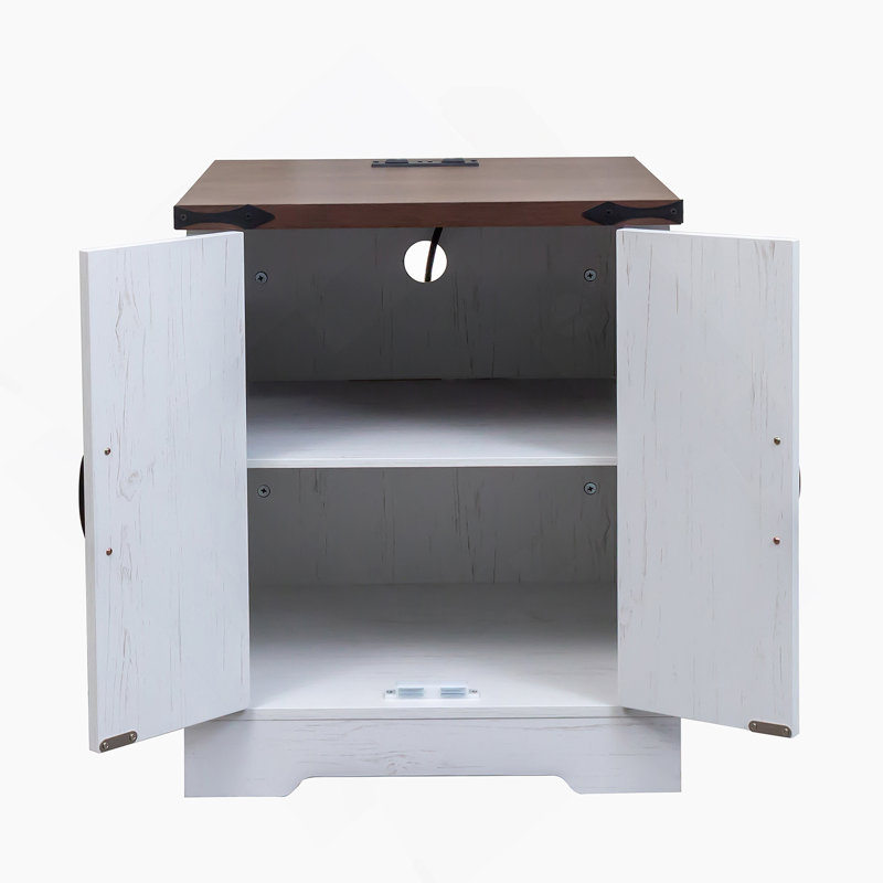 End Table with Charging Station and Adjustable Shelf, White
