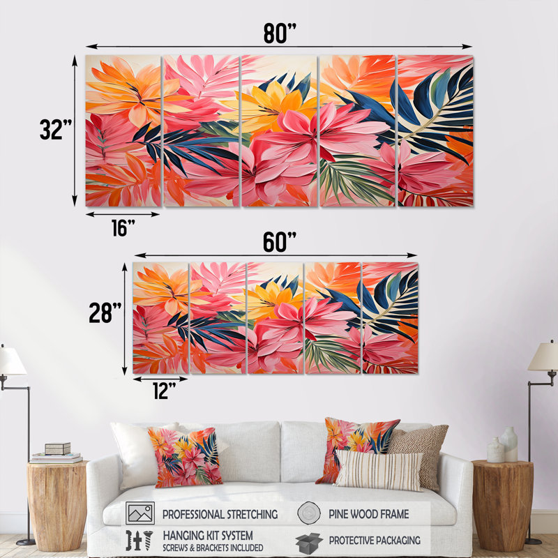«Rose Floral Tropical Jungle» par Matisse I, art mural 5 pièces, H 28 po x l 60 po