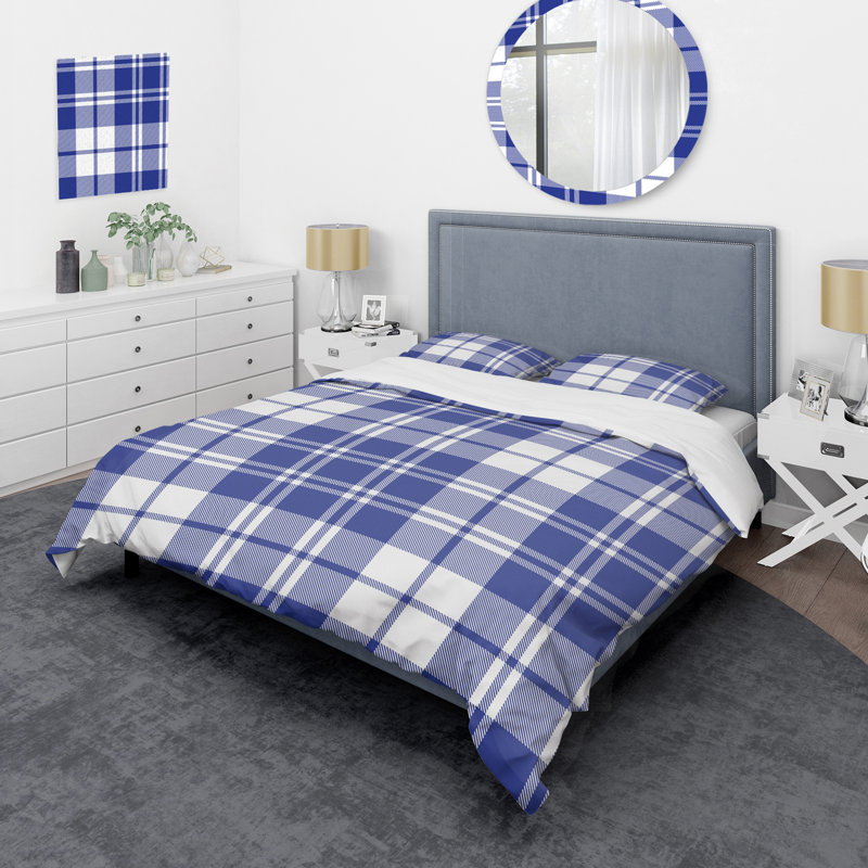 Tartan à carreaux bleu et blanc - Ensemble de housse de couette abstrait - Microfibre de polyester