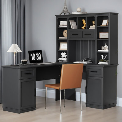 Bureau d'ordinateur en L avec 2 armoires et 2 tiroirs sous la table, 11 tablettes ouvertes et une tablette rabattable avec rangement sur le côté droit, convenant pour le bureau, le salon et le bureau