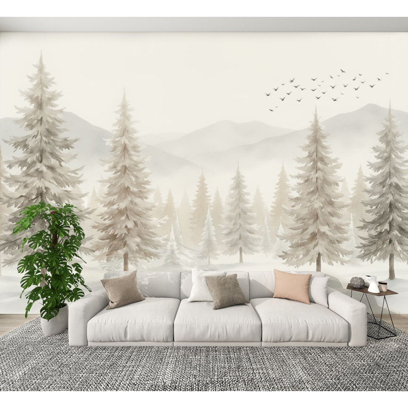 Papier peint auto-adhésif Misty Pine Forest Landscape Mountains Birds, L 144 po x l 100 po