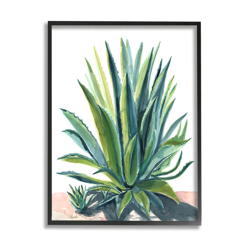«Aloe Plant Botanical Leaves» par Cherish Flieder - cadre flottant, impression sur bois, Giclée encadrée noir minuit