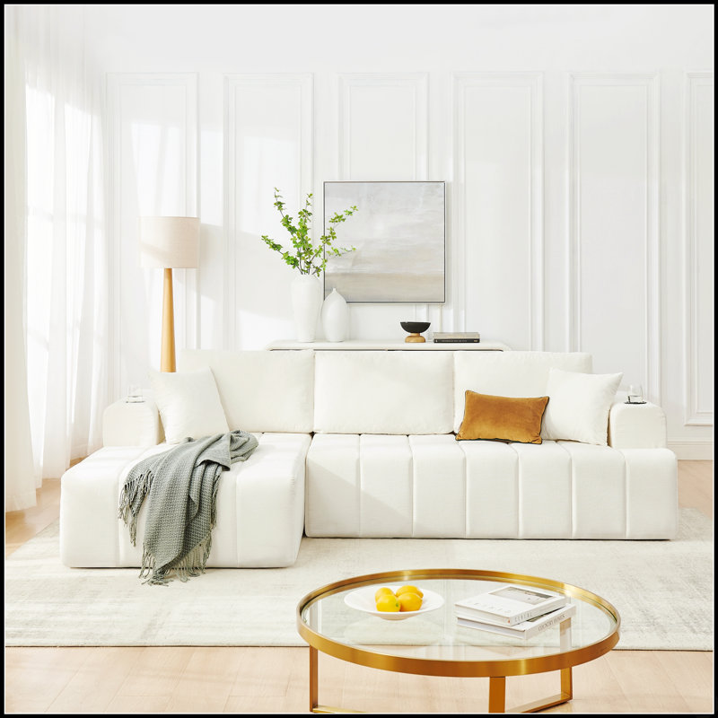 Canapé modulaire en chenille moderne avec méridienne et porte-gobelets pour un salon confortable et peu encombrant