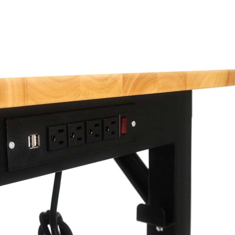 Adjustable Metal Desk With Socket And Wooden Top - Functional Workplace Work Platform Stable Wood Meets Different Workshop Requirements