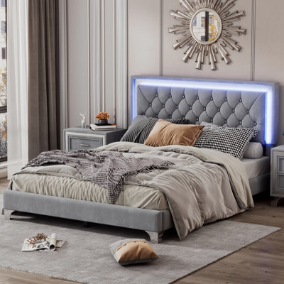 Upholstered Bed Frame with LED Lights,Modern Velvet Platform Bed with Crystal Tufted Headboard