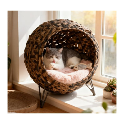 Hand-Woven Banana Leaf Elevated Cat House Condo with Cushion