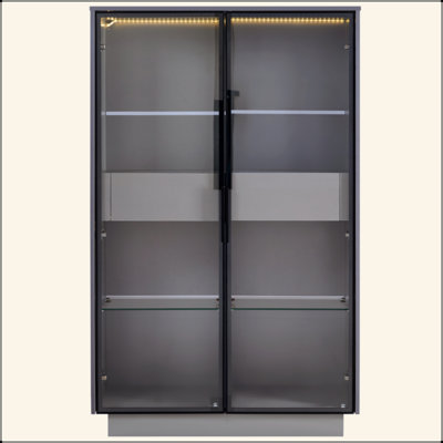 60.6'' Tall Display Cabinet With Tempered Glass Door, LED Lighting, Two Drawers, Modern Style Storage Cabinet For Living Room, Office & Study