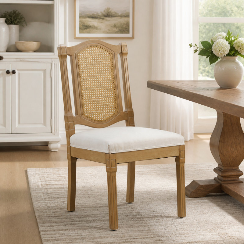 Chaise de salle à manger Mid-Century en bois massif avec dossier canne, beige (ensemble de 2), Beige
