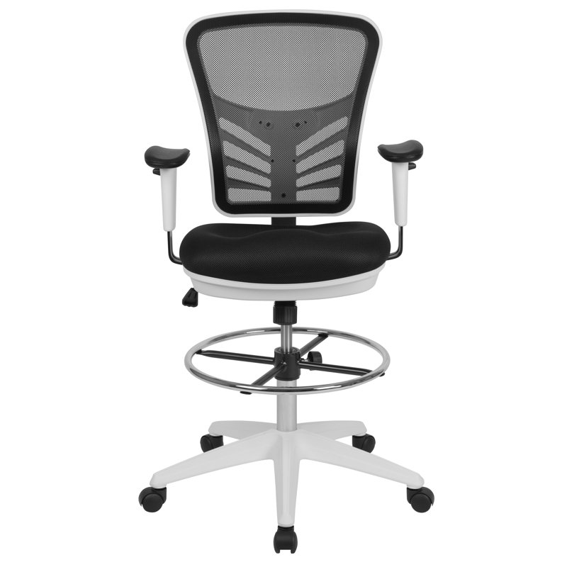 Chaise de dessinateur ergonomique à dossier moyen avec anneau de pied chromé réglable, accoudoirs réglables, Blanc, Noir