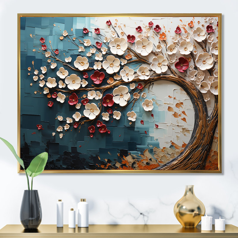 Arbre de fleur rouge et or au clair de lune beauté VI - art mural arbre, H 12 po x l 20 po x P 1 po, Cadre flottant doré