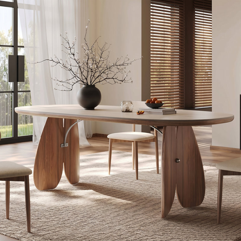 Table de salle à manger ovale moderne 70,9 po, plateau en faux travertin avec base sculpturale en bois