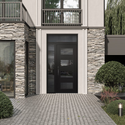 C2 Panel Black Steel Black/Black With Sidelite And Transom Prehung Front Entry Door