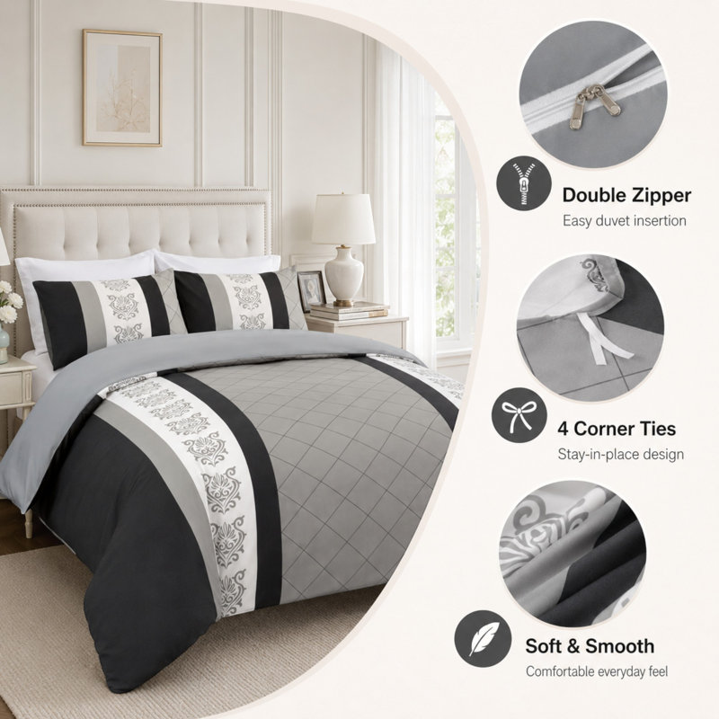 Premium Cover Set Brushed Microfiber Reversible With Zipper Closure & Corner Ties, Super King Duvet Cover + 2 Pillowcases